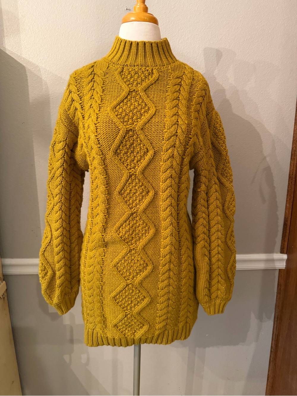 Mustard Cable Knit Mock Neck Sweater - Women